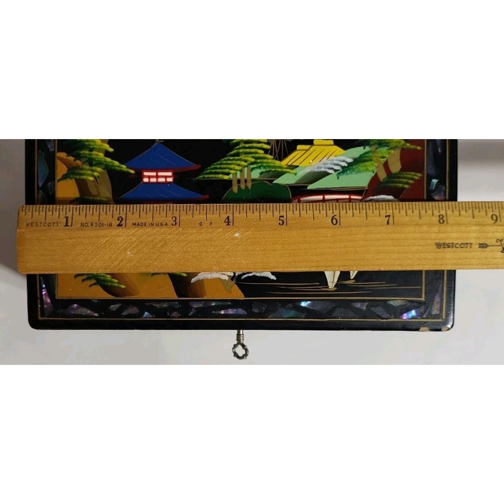 Vintage Crestline Japan Music Jewelry Box Black Lacquered Painted Mirror Locking - Picture 13 of 16
